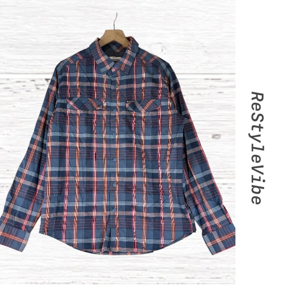 COLUMBIA Men’s Size M Shirt Plaid Button Down Lightweight Nylon Outdoors Hiking